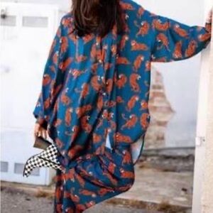 Blue Kimono and satin pants set with Orange Tiger Print